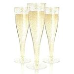 Prestee 200 Champagne Flutes Plastic | Disposable Champagne Flute | Gold Glitter Plastic Champagne Glasses for Parties | Mimosa Bar, Wedding, Shower Party, New Years Eve Party Supplies 2024 (Gold)
