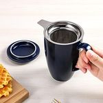 GAOMON Ceramics Tea Cup with Loose Leaf Infuser and Lid, 16 oz, Microwave and Dishwasher Safe Coffee Mug, Modern Herbal Tea Strainer, Gifts for Tea Lover, Navy