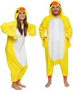 Funziez! Adult Onesie Halloween Costume - Animal Dinosaur Shark - Unisex Plush One Piece Cosplay Suit for Adults, Men and Women (X-Large, Duck)