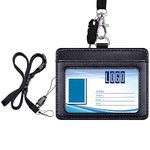 Wisdompro 2-Sided PU Leather ID Badge Holder with 1 ID Window and 1 Card Slot and 1 Piece 23 Inch Adjustable Polyester Detachable Neck Lanyard Strap （Holds 3 to 4 Cards）- Black (Horizontal)