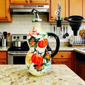 18 oz Hand-Painted Ceramic Relief Olive Oil Bottle Dispenser, with Handle Decorative Olive Oil Dispenser Bottle, Kitchen Ceramic Oil Vinegar Bottle Seasoning Bottle with Stainless Steel Spout & Funnel