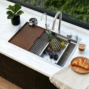 Waterfall Kitchen Sinks 33x22 Circular Aesthetics Design, Drop In Kitchen Sink with Faucet Combo, Modern Smart Workstation Stainless Steel Single Bowl Kitchen Sinks, 33"x22"x10" Inch, Brushed Silver