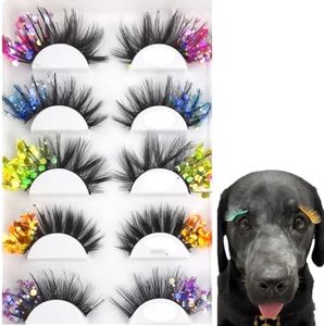 5Pairs Dogs Flase Eyelash, Colorful Glitter False Eyelashes Halloween Christmas Glitter Thick Exaggerated Eyelashes for Dogs Cats Pets Feastival Dance Party (fit for >10lb Dogs Cats)