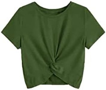 Milumia Girl's Casual Twist Hem Short Sleeve Round Neck Crop Top Tee Shirt Army Green 8 Years