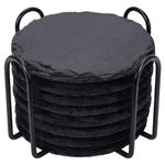 DiTFATOP 8 PCS 4" Round Black Stone Coasters Set, Slate Drink Coasters with Anti-Scratch Bottom and Coaster Holder for Cup Bar Kitchen and Home Decor