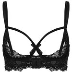 inhzoy Women's Lace Sheer Lingerie Underwire Shelf Bra Top Sexy 1/4 Cups Push Up Unlined Bralette Underwear Black A XXL