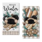 Seliem Hello Winter Cartoon Mouse Kitchen Dish Towels Set of 2, Pine Branches Plaid Check Farmhouse Hand Towels Drying Baking Cooking Cloth, Christmas Holiday Seasonal Home Kitchen Decor 18x26 Inch