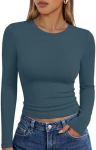 Trendy Queen Womens Long Sleeve Shirts Basic Crop Tops Tight Slim Fit Cute Teen Girls Fall Winter Y2k Clothes Haze Blue S