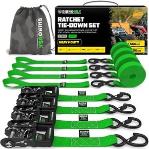 Rhino USA Ratchet Straps Heavy Duty Kit (4-Pack) - 1.6 Inch x 8 Feet (5,208lb Break Strength) - Ultimate Tie Down Straps with Safety S Hooks for Trucks, ATV, UTV, Motorcycle, Cargo & More - Green