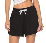 Vlazom Women's Pajama Short Bottoms Solid and Striped Sleeping Shorts Cotton Lounge Casual Pants for Yoga Gym Running - Black-solid - XL