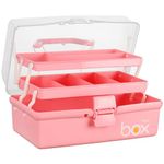 Pitmoly 12 inch 3-Layer Multipurpose Storage Box, Plastic Art & Craft Organizer Container, Folding Tool Box with 2 Trays, Portable Storage Case for Bricolage, Small Parts, Sewing Supplies (Pink)