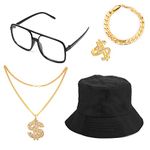 80s 90s Hip Hop Costume Outfit Kit, Bucket Hat Gold Dollar Sign Chain Gold Ring Gold Earring Black Glasses Accessories