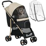 PawHut Dog Stroller with Rain Cover, Foldable Dog Pram, 4 Wheels Pet Pushchair with Safety Leashes, for Small, Miniature Dogs, Cats - Khaki