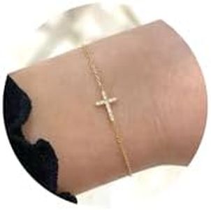 Moodear Dainty 14k Gold Plated Cross Bracelet - Trendy Religious Diamond CZ Bracelets for Women