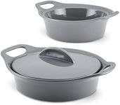 Rachael Ray Solid Glazed Ceramics Casserole Bakeware/Baker Set with Shared Lid, 3 Piece, Dark Gray