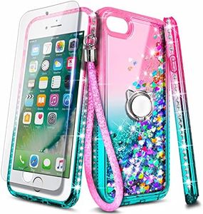 NGB Compatible for iPhone 8 Plus Case, iPhone 7 Plus /6 Plus /6S Plus with Tempered Glass Screen Protector, Ring Holder, Girls Women Kids Liquid Bling Sparkle Glitter Cute Case (Pink/Aqua)