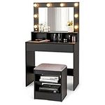 RELAX4LIFE Dressing Table with Hollywood LED Lights Mirror, Vanity Table Set with Drawer and Open Shelves, Cushioned Stool, Modern Bedroom Makeup Desk Dresser Table for Women Girls