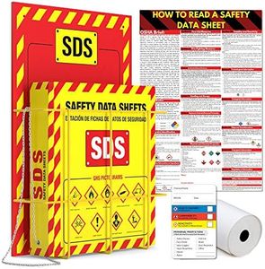 MSDS Wall Station - 3 Inch 3 Ring Material Safety Data Sheet Binder with SDS Wire Rack and Display Sign, Chain, Mounting Hardware, SDS Poster, MSDS Labels - Bilingual Heavy Duty OSHA Yellow Binder