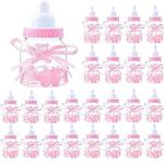 MINGZE 24pcs Candy Bottle Baby Shower, Mini Gift Box Fillable Feeder Style with Bear for Party Favors Holy Communion Supplies Boy Girl Newborn Infant Baptism Christening Birthday Decoration (Pink)