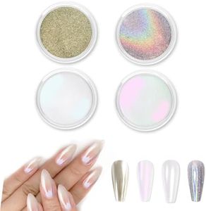Allstarry Chrome Nail Powder 4pcs White Pearl Chrome Pigment Powder Iridescent Holographic Nail Glitter Dust Metallic Mirror Effect Pigment for Nail Gel Manicure DIY at Home Salon Women Gifts
