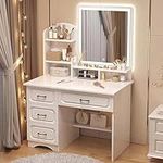 Vanity Desk with Mirror and 4 Drawers, White Makeup Desk with Touch Screen Adjustable Lights, Dressing Table for Women Girls, Cosmetic Storage Table for Bedroom