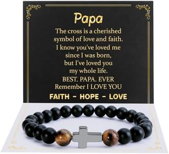 Men Boys Bracelet Gifts, Tiger Eye Stone And Cross, Gifts for Son Grandson Brother Nephew Dad Uncle Grandpa Inspirational, Birthday Christmas Thanksgiving Father's Day Retirement Graduation Gifts, 7.5 inch length suitable gifts for papa, Agate stone gifts for papa, agate stone