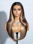 Joedir 13x4 Lace Frontal Wigs for Black Women Long Straight Free Parting Silk Base Lace Front Wigs with Baby Hair 28 Inches Layered Synthetic Wigs for Women Ombre Brown with Blonde