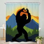 Riyidecor Funny Shower Curtain 60Wx72H Inch Rustic Monkey Mountain Sunrise Cool Wild Animal Silhouette Shadow Nature for Men Bathroom Decor Fabric Polyester Waterproof 12 Pack Hooks