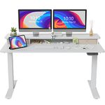 FEZIBO Height Adjustable Electric Standing Desk with Double Drawer, 55 x 24 Inch Stand Up Table with Storage Shelf, Sit Stand Desk with Splice Board, White Frame/White Top