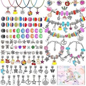 Charm Bracelet Making Kit for Girls, Unicorn Mermaid Crafts Gifts Set Charm Bracelets Rings Kit 112Pcs DIY Jewelry Making Supplies with Beads, Pendant, Bracelets, Rings, Necklace Cords for Teens Girls