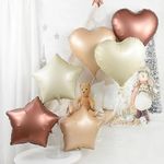 Atpata Funky Boho Theme Foil Balloons - White Sand, Nude Cream, Tan Brown Caramel Shades - Stars and Hearts Shape - for Weddings, Birthdays, Baby Showers, and Party Decorations (6pcs, Heart & Star)