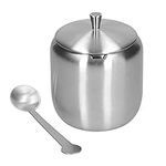 Sugar Bowl Sugar Container,304 Stainless Steel Polished Brushed Sugar Bowl Salt Pepper Spices Bowl with Spoon and Lid for Home and Kitchen, 370ML