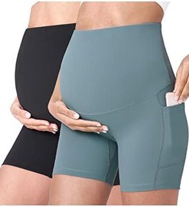 POSHDIVAH 2PCS Black Light Green Women's Maternity Yoga Shorts Over The Belly Bump Summer Workout Running Active Short Pants with Pockets 5" Medium