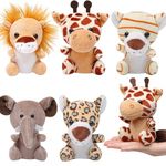 Anboor 5pcs Small Stuffed Animals Bulk—Safari Jungle Animal Plush Toys 4.8 Inch Cute Elephant Lion Giraffe Tiger Leopard Animals Stuffed with Keychain for Animal Themed Parties Teacher Student Award