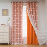 MYSKY HOME Orange Blackout Curtains for Living Room Girls Bedroom Double Layer Curtains Nursery Kids Room 84 Inch Long Curtains White Pom Pom Sheer Grommet Room Darkening Window Curtains, 52" x 84"