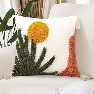 Merrycolor Boho Throw Pillow Covers 18x18 Tufted Decorative Pillow Covers with Tassels Abstract Sun Plant Leaf Pillow Cases Bohemian Cushion Covers for Couch Sofa Bed Home Decor(1 Pcs,Plant A)