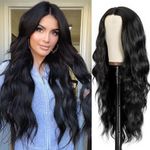 MYQUEEN Long Wavy Wig for Women 26 Inch Black Synthetic Lace Front Wig Middle Part Curly Wavy Natural Looking Wig for Daily Party Holloween Cosplay Use