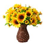 Homsunny Sunflowers Artificial Flowers Plants for Fall Table Centerpieces, 7 Pcs Fake Silk Fall Floral Arrangements with Vase for Home Dinning Room Office Desk Tabletop Decor(Handmade Red Rattan)