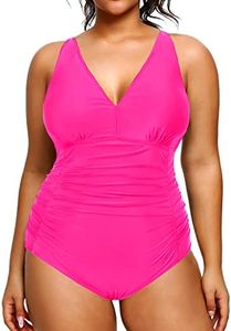 Aqua Eve Women Plus Size One Piece Swimsuits V Neck Tummy Control Bathing Suits Retro Ruched Swimwear, Hot Pink, Medium