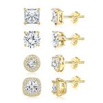 ALEXCRAFT Cubic Zirconia Diamond Gold Stud Earrings for Women Large Halo Round Square Stud Set 4 Pairs