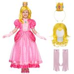 Spooktacular Creations 5 PCS Girl Princess Dress, Pink Peach Costume with Wig, Cute Princess Costume, Pink Outfits for Girls, Kids, Toddler Birthday, Cosplay, Halloween Party (Small (5-7 yrs))