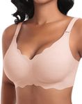Ganado Wireless V Neck Bras for Women Scalloped No Underwire Bras Padded T-Shirt Bra Support Bralette with Extra Bra Extender (Pink, Large)