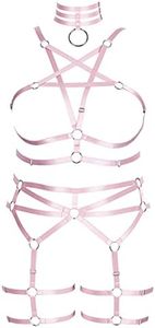 Plus Size Body Harness for Women Gothic Pentagram Full Cage Hollow Out 2 Piece Strappy Bra Garter Belts Set Punk Clothing, Pink