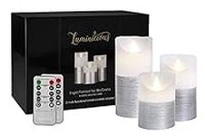 Moving Flame Candles | Decorative Flameless Candles Flickering LED | Battery Operated Electric Pillar Candle Realistic Flicker | 2 Remote Controls & Timer | Real Wax Silver Trim | Great Home Décor