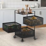 Amazon Brand - Solimo 360° Revolving Preassembled Portable 3 Layer Square Multipurpose Storage Kitchen Rack Carbon Steel Fruit Vegetable & Spice Trolley with Wheels for Kitchen Organizer(Matte, Black)