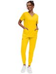 niaahinn Scrubs for Women Set - Stretch V-Neck Scrub Top & Jogger Pant Uniform with 8 Pockets (Yellow,L)