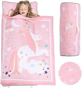 Poemuphi Toddler Nap Mat - Magical Unicorn Design with Removable Pillow and Soft Blanket, Slumber Bag for Girls' Daycare, Preschool, Travel, and Camping （53"x21",1 Pack）