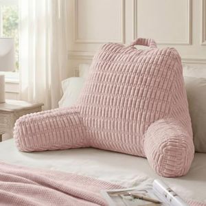 Blissful Diary Reading Pillow, Large Backrest Pillow with Shredded Memory Foam for Adult & Children, Designed for Bed and Couch Sitting Up, Includes Arms, Pockets and Washable Cover, Pale Pink