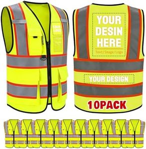 Jykuvtf Custom Safety Vest with Logo, Hi-Vis Reflective Work Vest with Pockets, Personalized High Visibility Vest, Enhanced Visibility for Construction, Road Work and Job Sites, Yellow 10pack