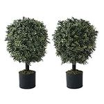 CAPHAUS Artificial Boxwood Topiary Ball Tree Set of 2, Artificial UV Resistant Bushes, Faux Potted Tree, Plant in Pot with Dried Moss, Fake Shrubs for Indoor, Front Porch, Outdoor, w/Green Leaves